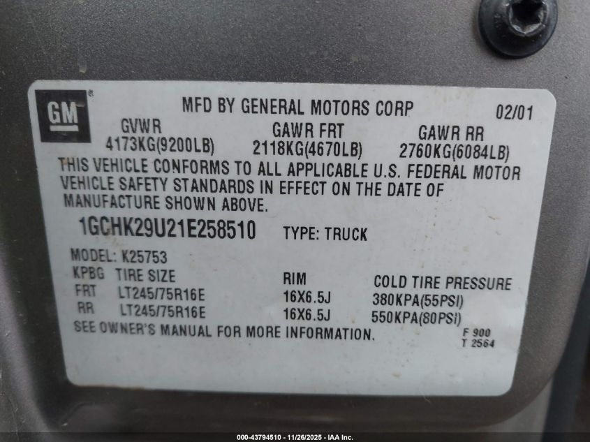 2001 Chevrolet Silverado 2500Hd Ls VIN: 1GCHK29U21E258510 Lot: 43794510