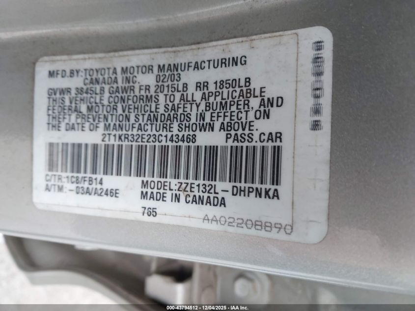 2003 Toyota Matrix Xr VIN: 2T1KR32E23C143468 Lot: 43794512