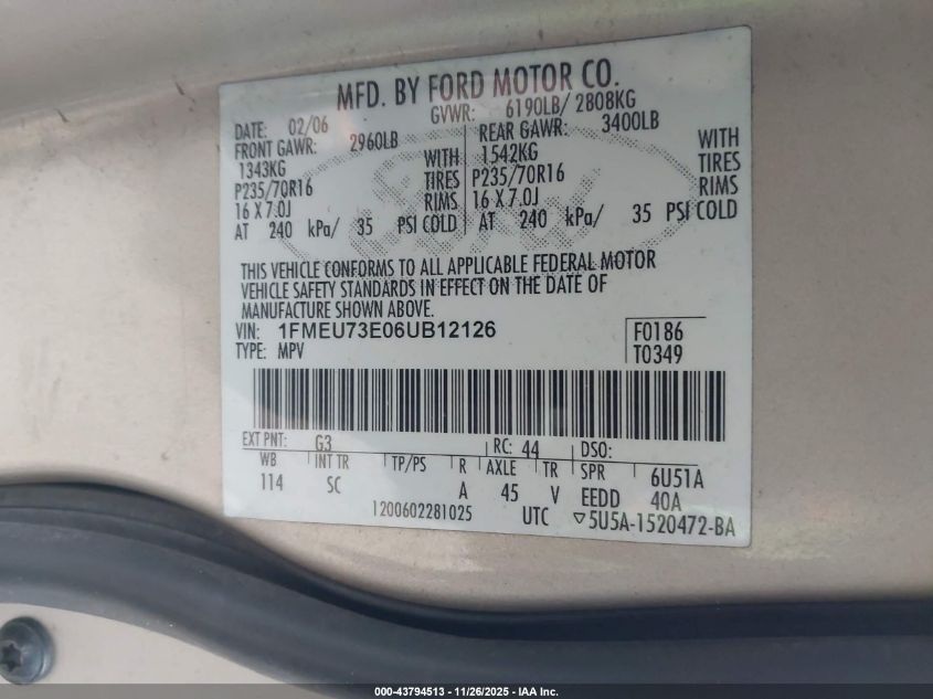 2006 Ford Explorer Xlt VIN: 1FMEU73E06UB12126 Lot: 43794513