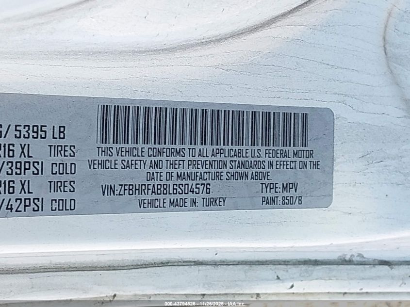 2020 Ram Promaster City Tradesman VIN: ZFBHRFAB8L6S04576 Lot: 43794526