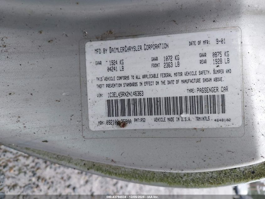 2002 Chrysler Sebring Lx VIN: 1C3EL45RX2N146363 Lot: 43794534