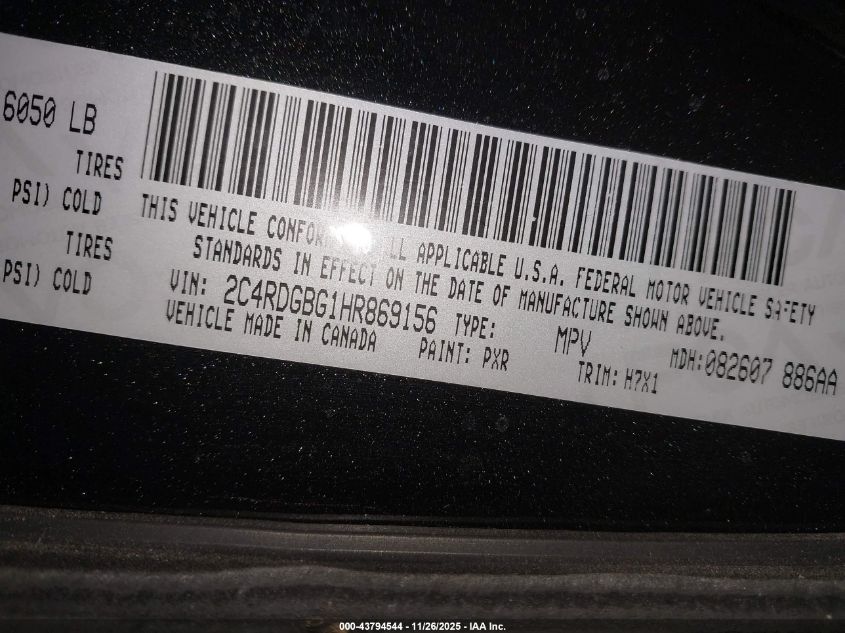 2017 Dodge Grand Caravan Se VIN: 2C4RDGBG1HR869156 Lot: 43794544
