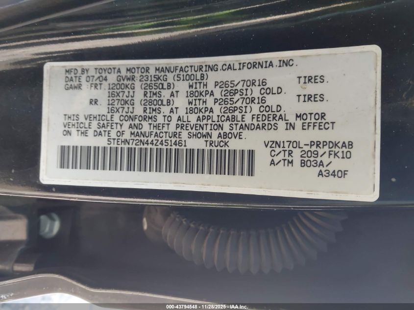 2004 Toyota Tacoma Base V6 VIN: 5TEHN72N44Z451461 Lot: 43794548