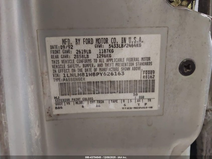 1993 Lincoln Town Car Executive VIN: 1LNLM81W8PY626163 Lot: 43794549