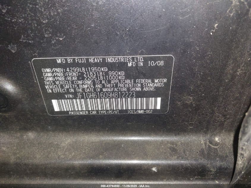 2009 Subaru Impreza 2.5I VIN: JF1GH61609H812223 Lot: 43794550