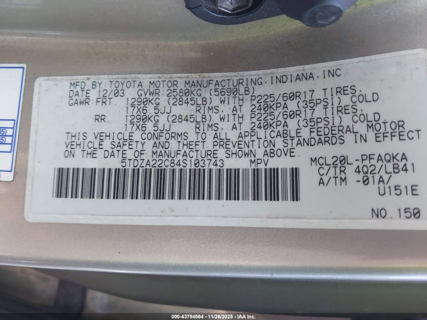 2004 Toyota Sienna Xle/Xle Limited VIN: 5TDZA22C84S103743 Lot: 43794564