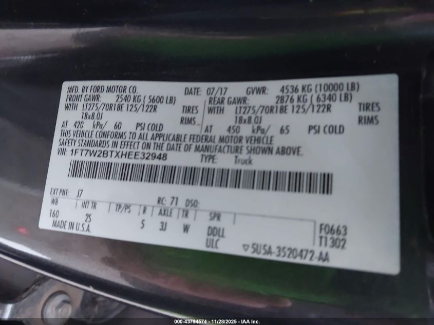 2017 Ford F-250 Xlt VIN: 1FT7W2BTXHEE32948 Lot: 43794574