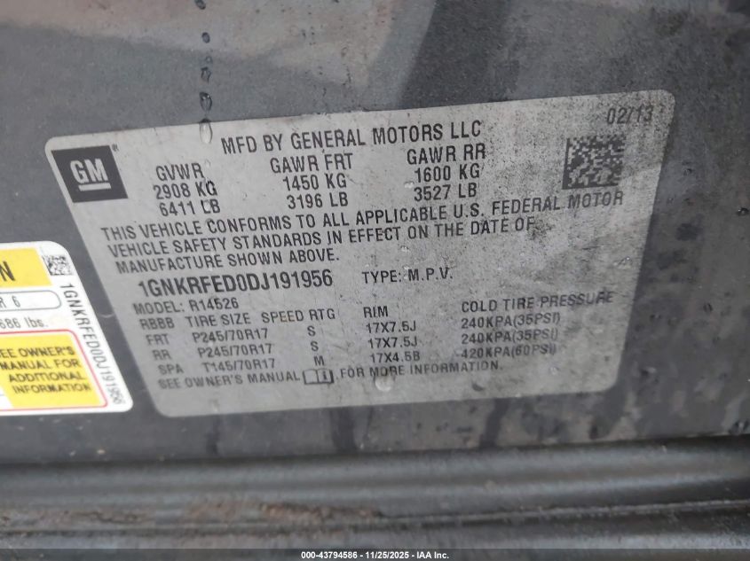 2013 Chevrolet Traverse Ls VIN: 1GNKRFED0DJ191956 Lot: 43794586