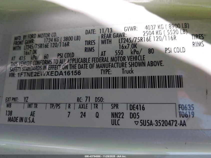 2014 Ford E-250 Commercial VIN: 1FTNE2EWXEDA16156 Lot: 43794588