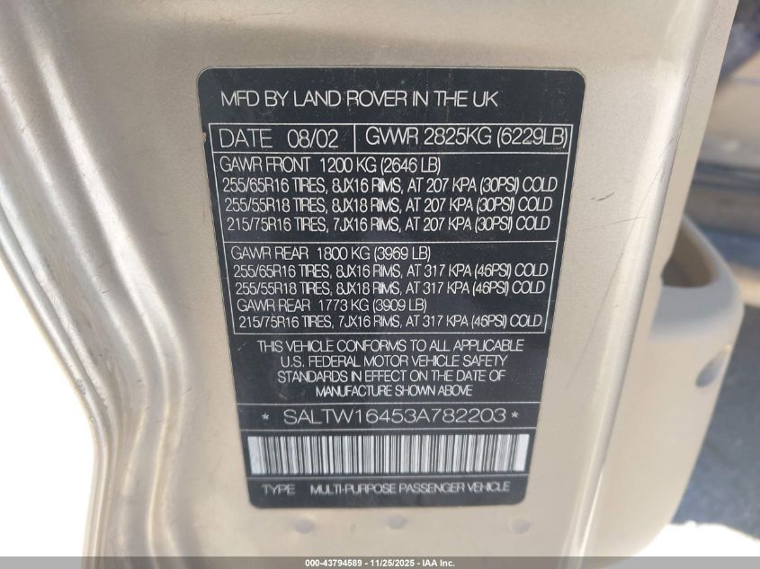 2003 Land Rover Discovery Se VIN: SALTW16453A782203 Lot: 43794589