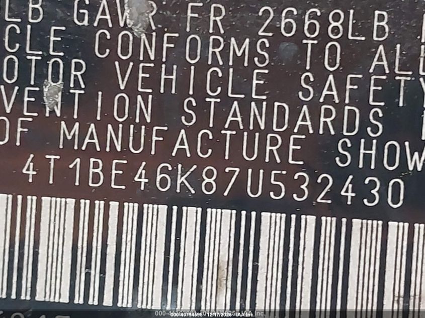 2007 Toyota Camry Se VIN: 4T1BE46K87U532430 Lot: 43794595