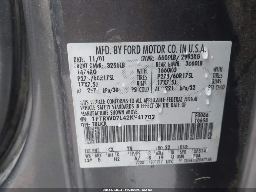 2002 Ford F-150 Lariat/Xlt VIN: 1FTRW07L42KB41702 Lot: 43794604