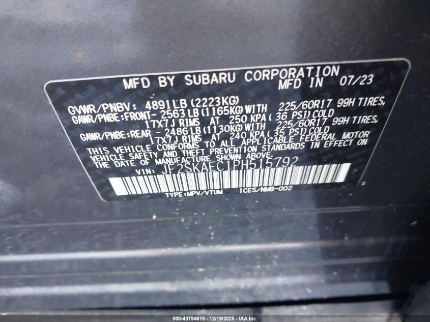 2023 Subaru Forester Premium VIN: JF2SKAEC1PH515792 Lot: 43794615