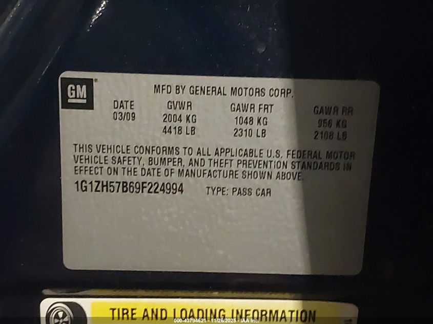 2009 Chevrolet Malibu Lt VIN: 1G1ZH57B69F224994 Lot: 43794621
