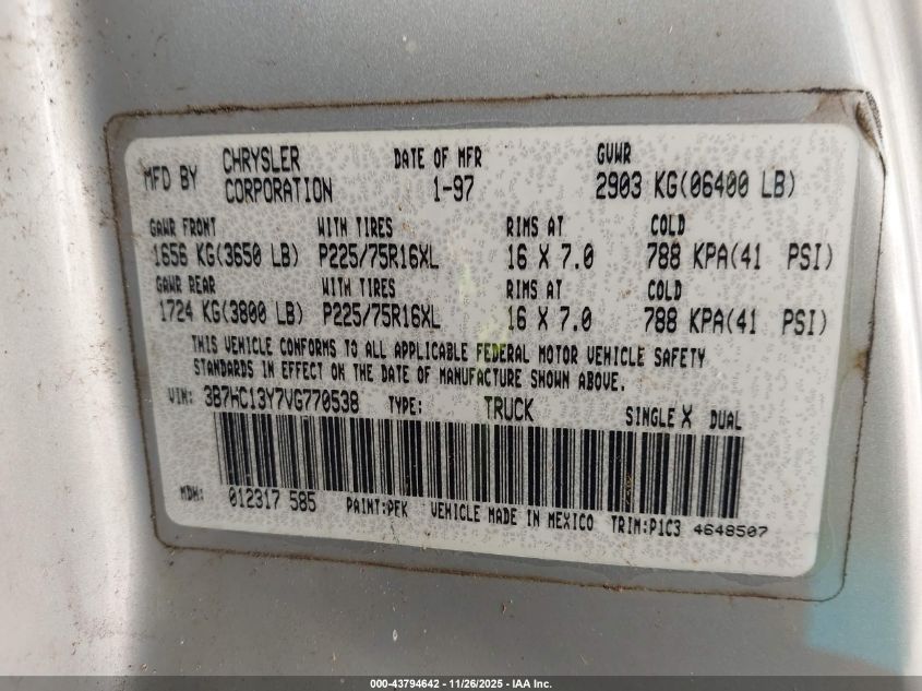 1997 Dodge Ram 1500 St VIN: 3B7HC13Y7VG770538 Lot: 43794642
