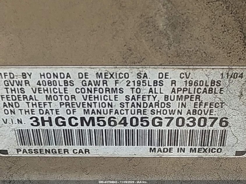 2005 Honda Accord 2.4 Lx VIN: 3HGCM56405G703076 Lot: 43794643