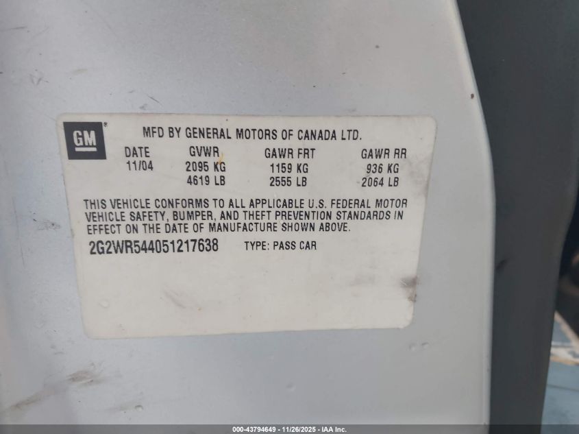 2005 Pontiac Grand Prix Gtp VIN: 2G2WR544051217638 Lot: 43794649