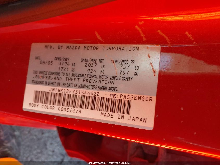 2005 Mazda Mazda3 I VIN: JM1BK12F751344422 Lot: 43794650