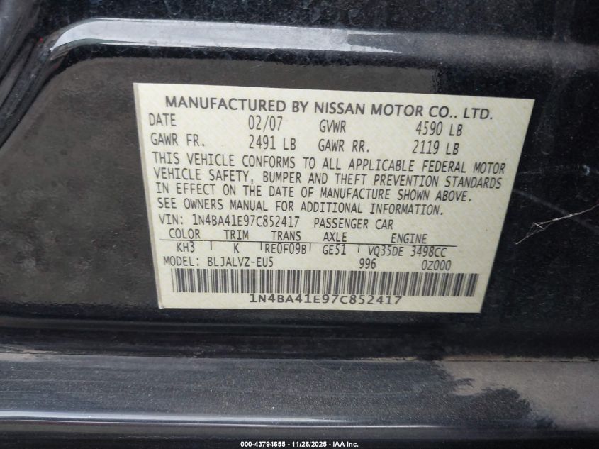 2007 Nissan Maxima 3.5 Se VIN: 1N4BA41E97C852417 Lot: 43794655