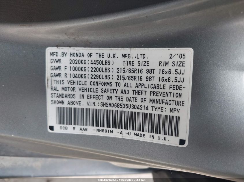 2005 Honda Cr-V Lx VIN: SHSRD68535U304214 Lot: 43794657