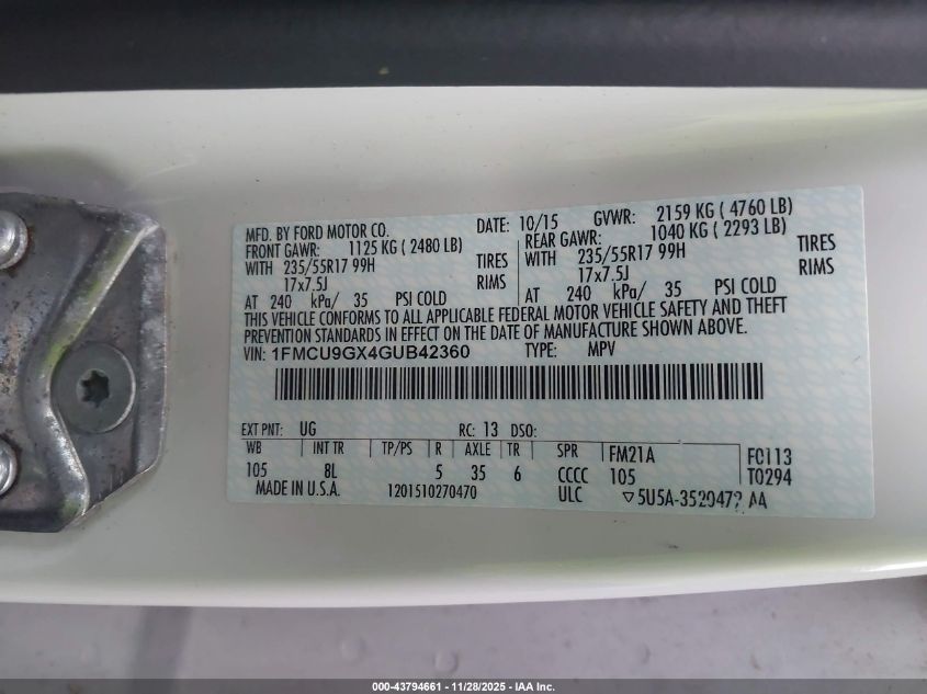 2016 Ford Escape Se VIN: 1FMCU9GX4GUB42360 Lot: 43794661