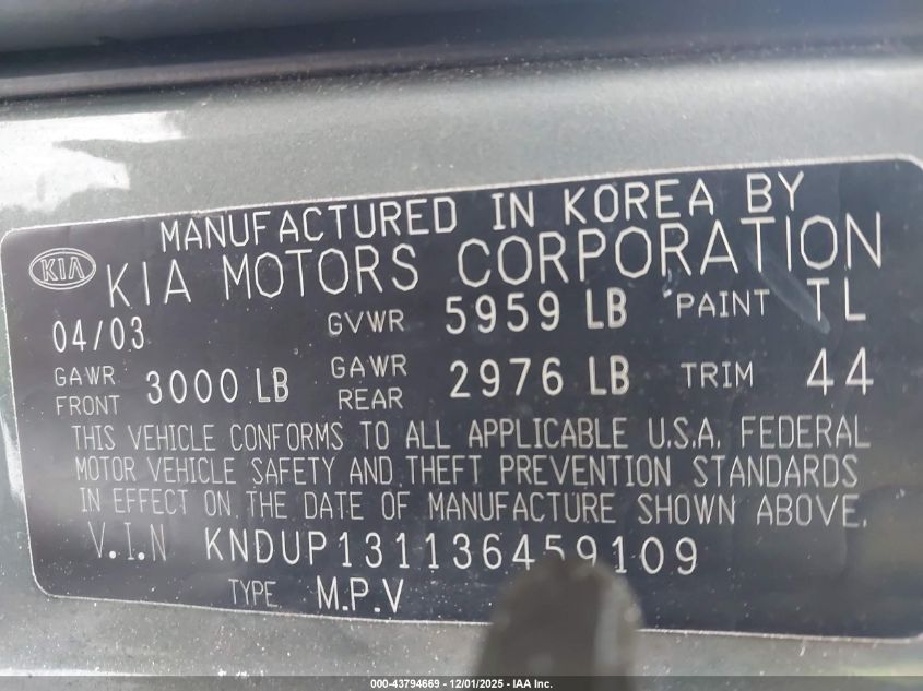 2003 Kia Sedona Ex/Lx VIN: KNDUP131136459109 Lot: 43794669