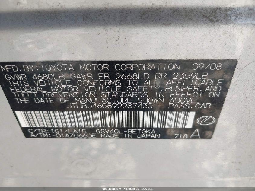 2009 Lexus Es 350 VIN: JTHBJ46G892287430 Lot: 43794671