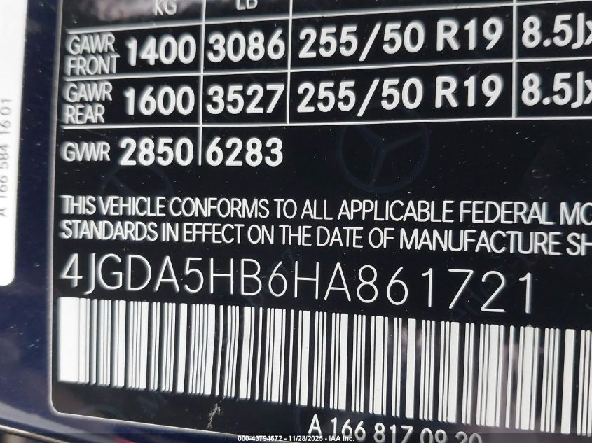 2017 Mercedes-Benz Gle 350 4Matic VIN: 4JGDA5HB6HA861721 Lot: 43794672