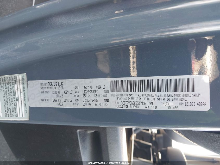 2019 Ram Promaster 2500 High Roof 159 Wb VIN: 3C6TRVDG9KE517130 Lot: 43794678