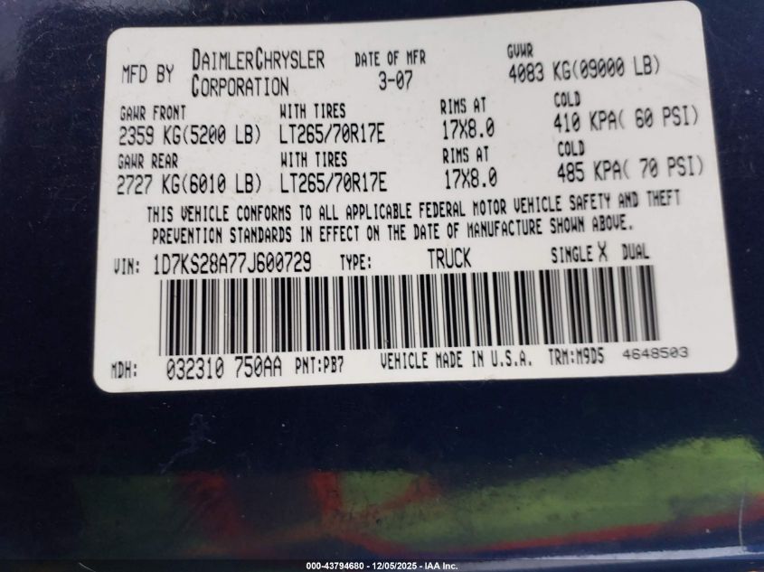 2007 Dodge Ram 2500 Slt/Trx4 Off Road/Sport/Power Wagon VIN: 1D7KS28A77J600729 Lot: 43794680