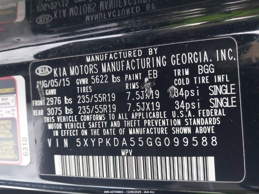 2016 Kia Sorento 3.3L Sx VIN: 5XYPKDA55GG099588 Lot: 43794683