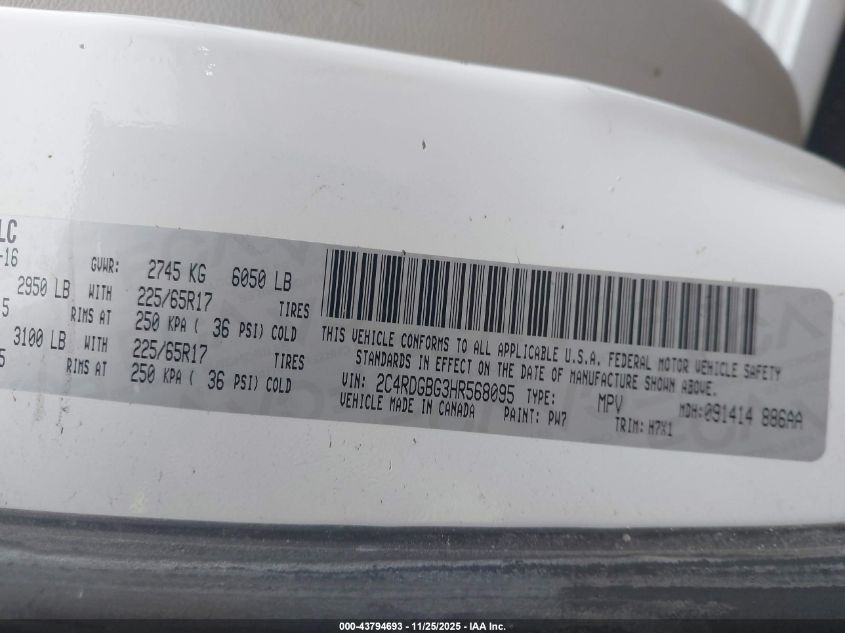 2017 Dodge Grand Caravan Se VIN: 2C4RDGBG3HR568095 Lot: 43794693