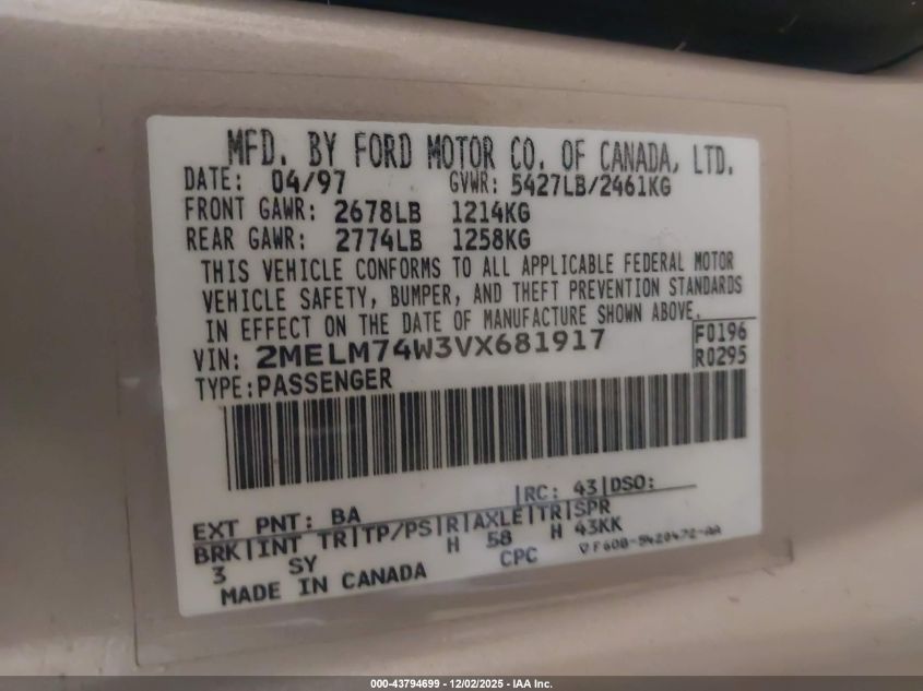 1997 Mercury Grand Marquis Gs VIN: 2MELM74W3VX681917 Lot: 43794699