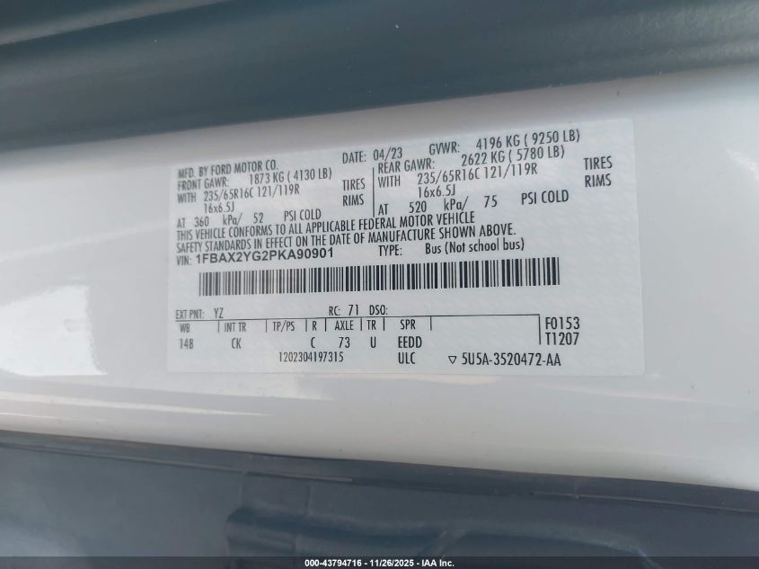 2023 Ford Transit-350 Passenger Van Xlt VIN: 1FBAX2YG2PKA90901 Lot: 43794716