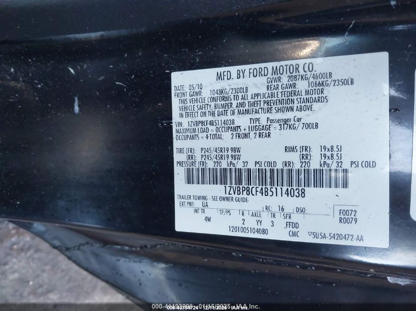 2011 Ford Mustang Gt Premium VIN: 1ZVBP8CF4B5114038 Lot: 43794724