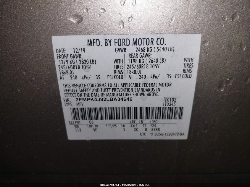 2020 Ford Edge Sel VIN: 2FMPK4J92LBA34646 Lot: 43794754