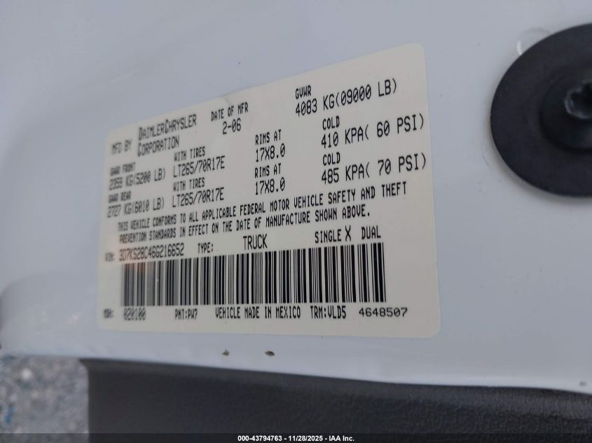 2006 Dodge Ram 2500 Laramie VIN: 3D7KS28C46G216652 Lot: 43794763