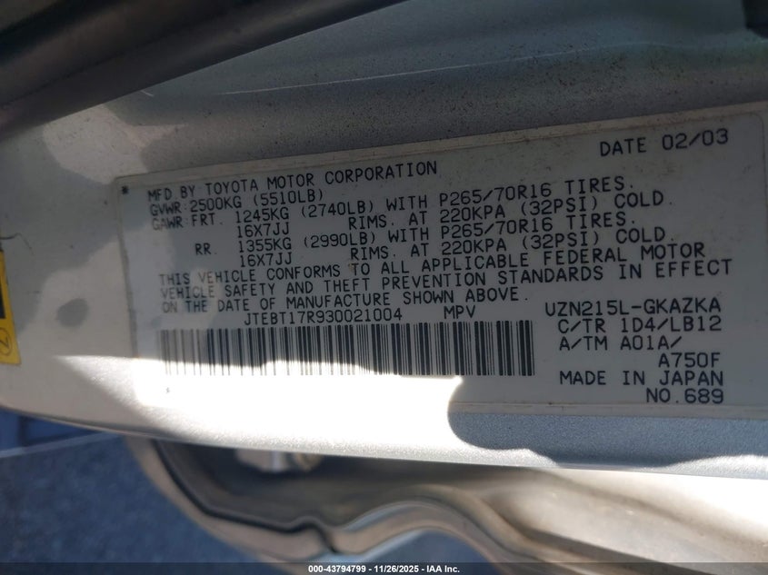 2003 Toyota 4Runner Limited V8 VIN: JTEBT17R930021004 Lot: 43794799