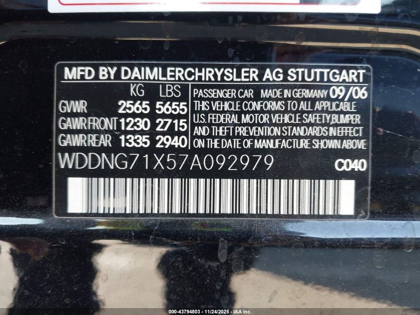 2007 Mercedes-Benz S 550 VIN: WDDNG71X57A092979 Lot: 43794803