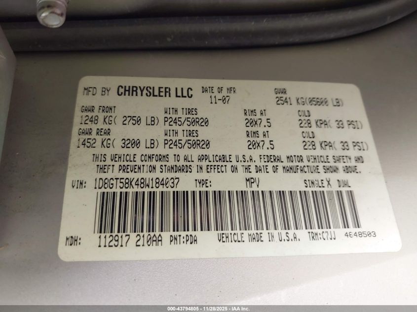 2008 Dodge Nitro Slt/Rt VIN: 1D8GT58K48W184037 Lot: 43794805