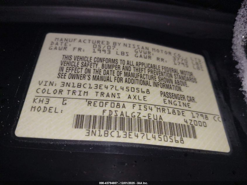 2007 Nissan Versa 1.8Sl VIN: 3N1BC13E47L450568 Lot: 43794807