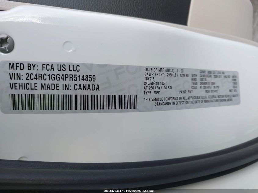 2023 Chrysler Pacifica Limited VIN: 2C4RC1GG4PR514859 Lot: 43794817
