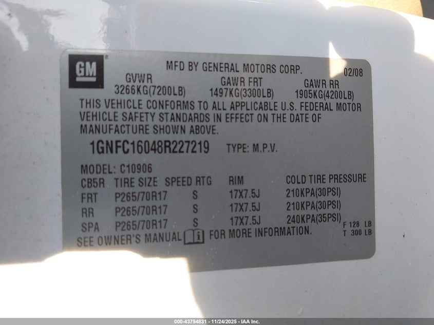 2008 Chevrolet Suburban 1500 Lt VIN: 1GNFC16048R227219 Lot: 43794831