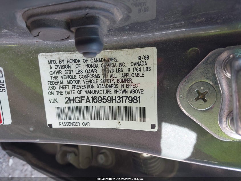 2009 Honda Civic Ex-L VIN: 2HGFA16959H317981 Lot: 43794832