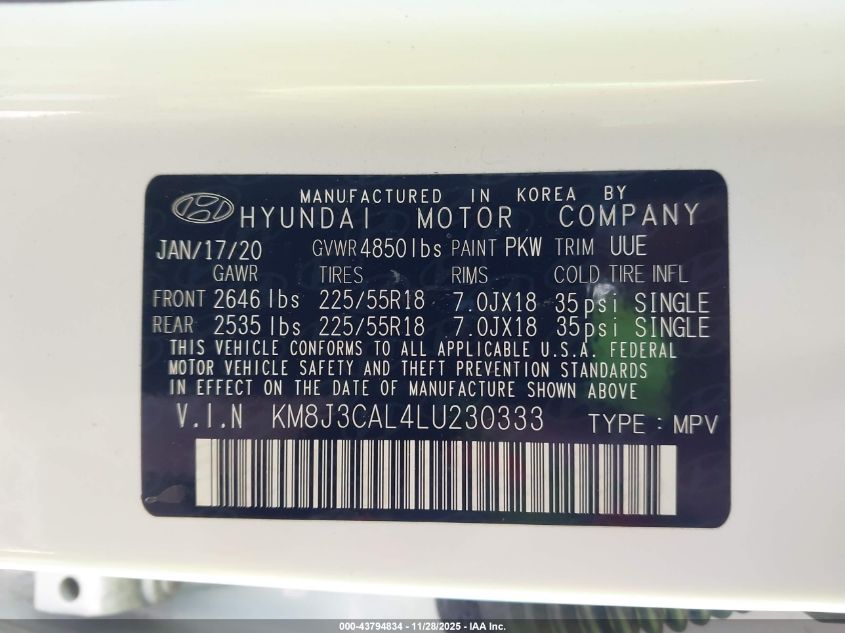 2020 Hyundai Tucson Limited VIN: KM8J3CAL4LU230333 Lot: 43794834