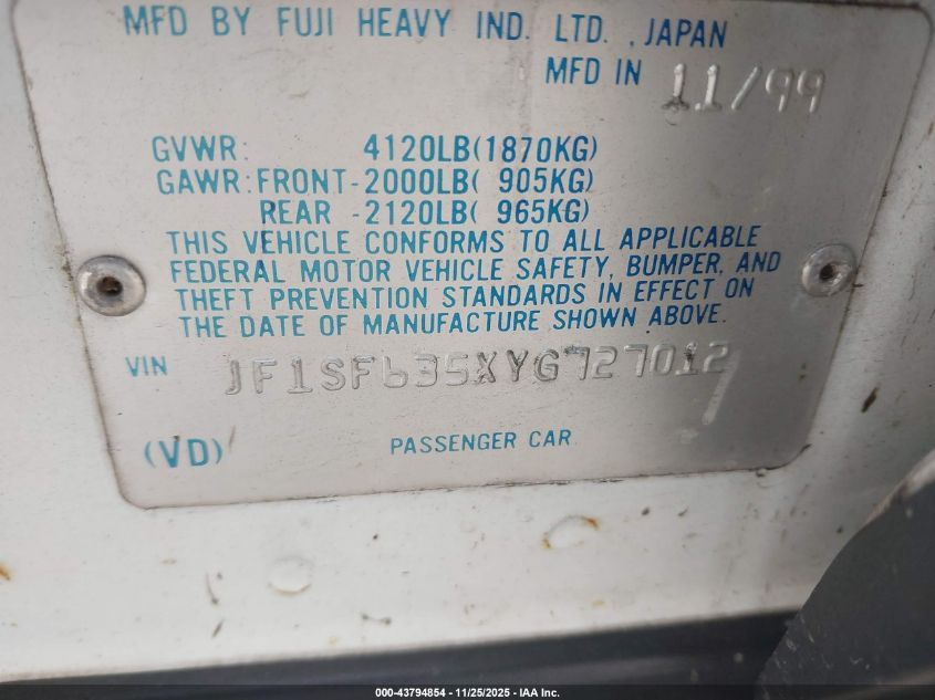 2000 Subaru Forester L VIN: JF1SF635XYG727012 Lot: 43794854