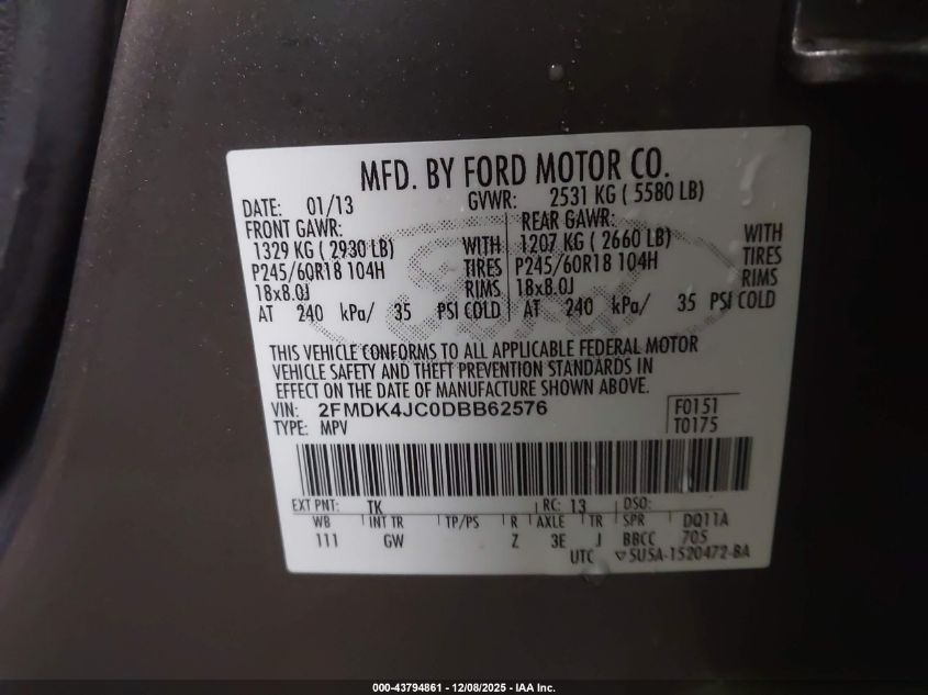 2013 Ford Edge Sel VIN: 2FMDK4JC0DBB62576 Lot: 43794861