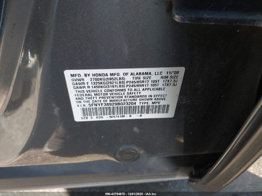 2009 Honda Pilot Touring VIN: 5FNYF38929B023204 Lot: 43794870