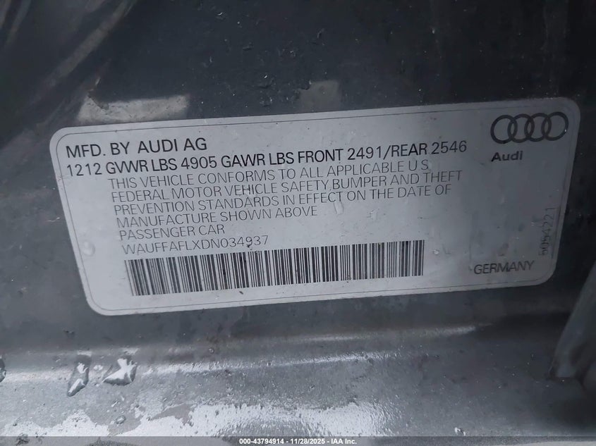 2013 Audi A4 2.0T Premium VIN: WAUFFAFLXDN034937 Lot: 43794914