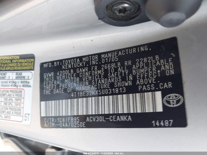 2005 Toyota Camry Std VIN: 4T1BE32KX5U031813 Lot: 43794916